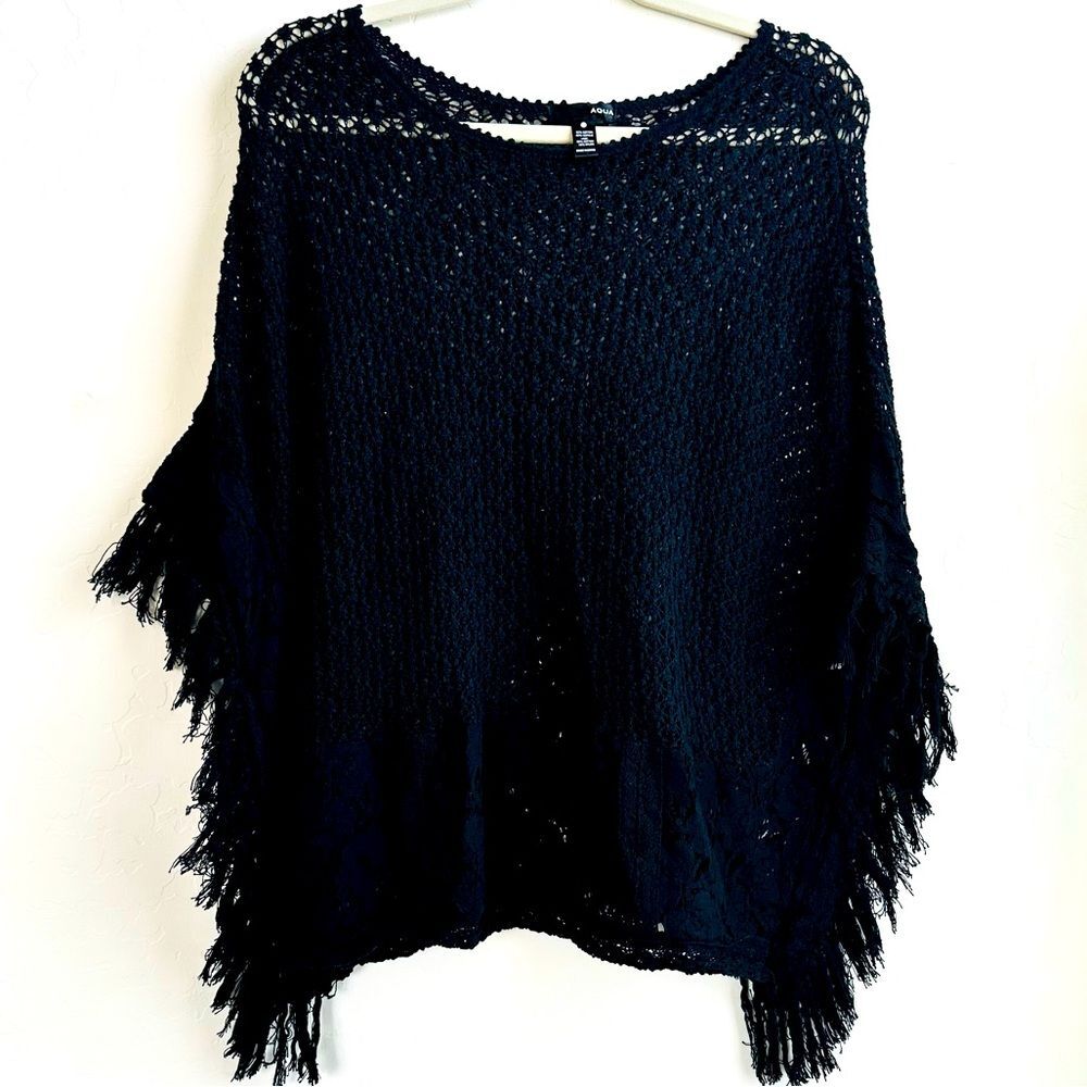 Aqua Black Knit Fringe Poncho Size M